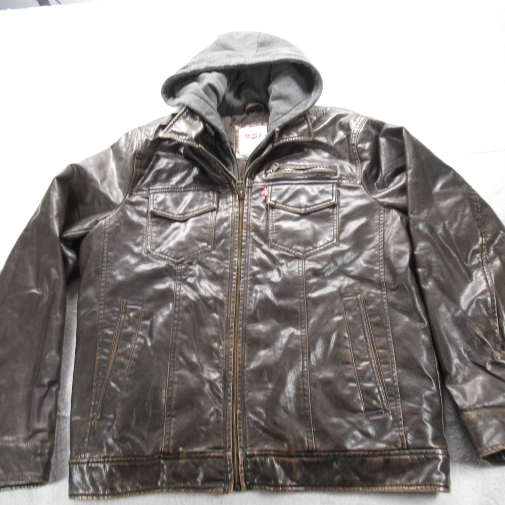 Levis Jacket Men Medium Brown Pockets Faux Leather Quilt Lined Full Zip Hooded